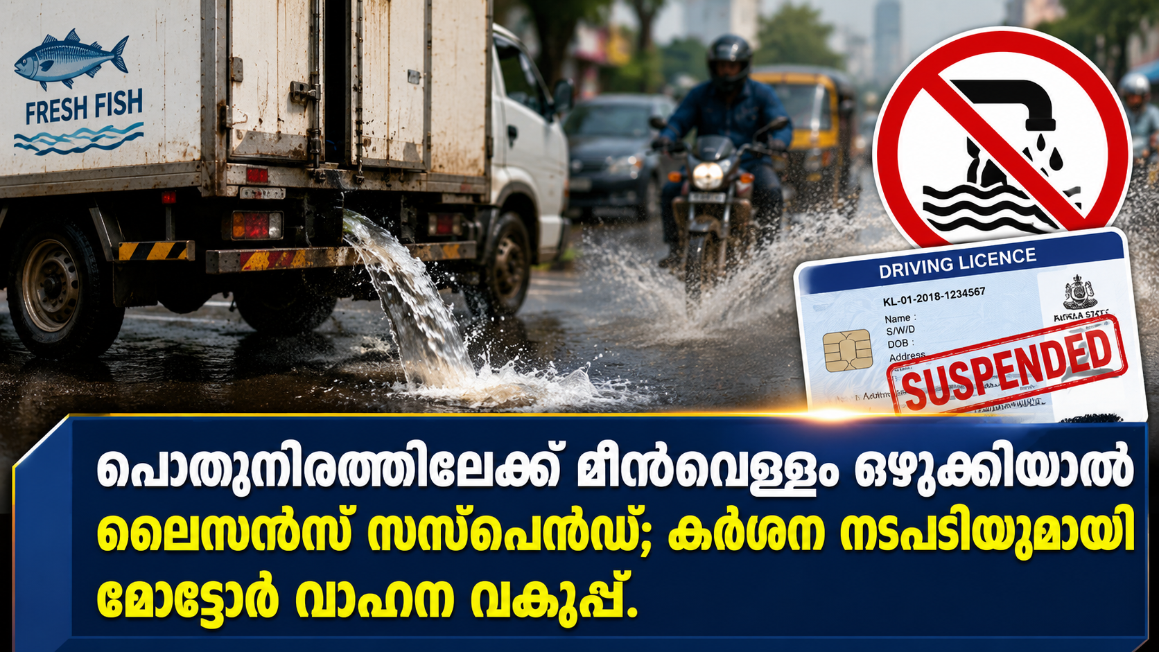 You are currently viewing പൊതുനിരത്തിലേക്ക് മീൻവെള്ളം ഒഴുക്കിയാൽ ലൈസൻസ് സസ്പെൻഡ്; കർശന നടപടിയുമായി മോട്ടോർ വാഹന വകുപ്പ്