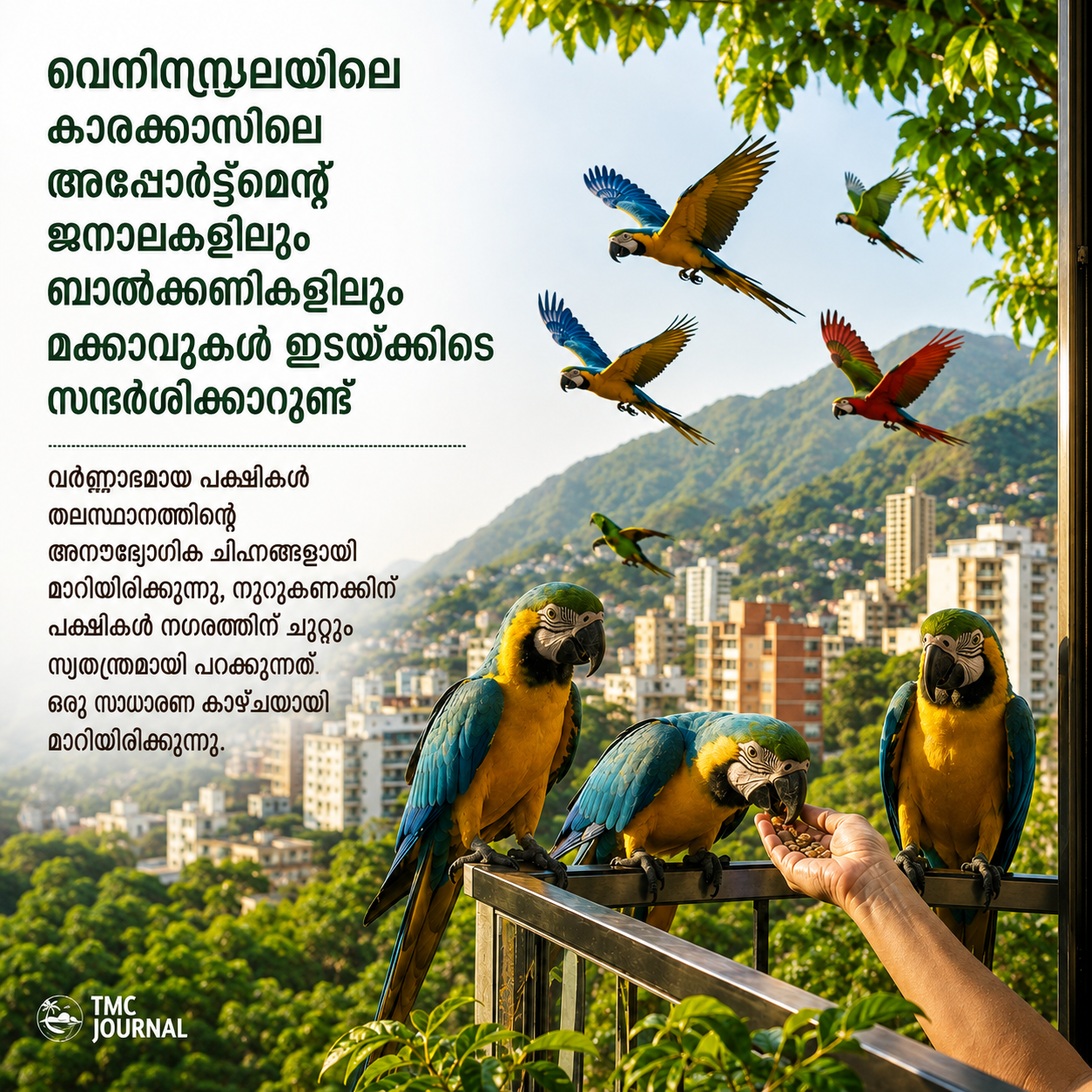 Read more about the article കാരക്കാസിലെ നഗരജീവിതത്തിന്റെ വർണാഭമായ അതിഥികൾ; ജനാലകളിലും ബാൽക്കണികളിലും മക്കാവുകൾ