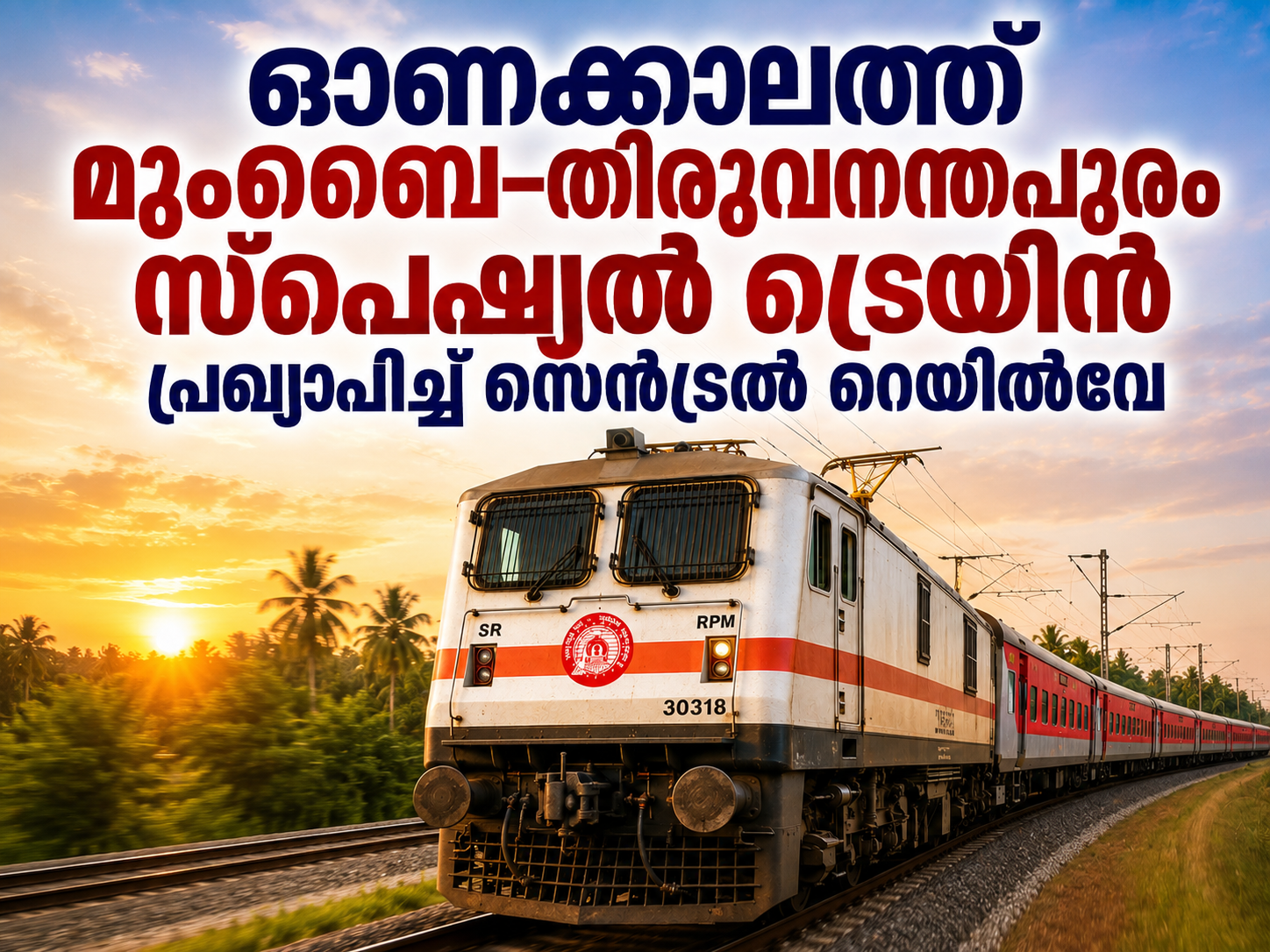 Read more about the article ഓണക്കാലത്ത്  മുംബൈ–തിരുവനന്തപുരം സ്പെഷ്യൽ ട്രെയിൻ പ്രഖ്യാപിച്ച് സെൻട്രൽ റെയിൽവേ