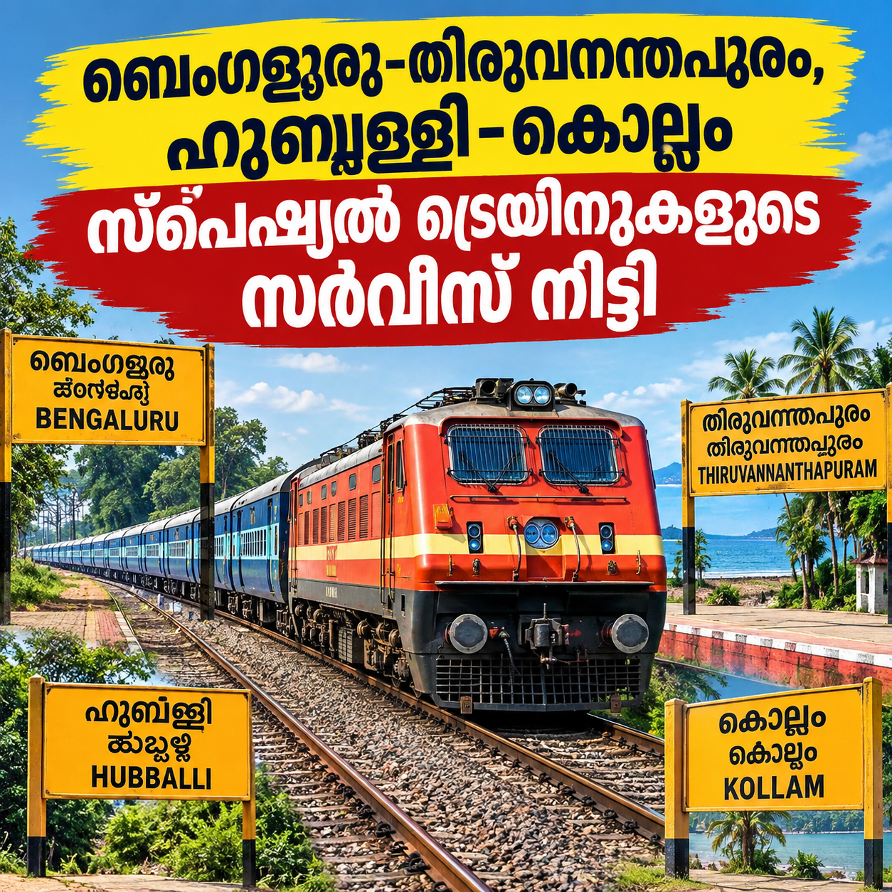 Read more about the article ഹുബ്ബള്ളി-കൊല്ലം, ബെംഗളൂരു-തിരുവനന്തപുരം സ്‌പെഷ്യൽ ട്രെയിനുകളുടെ സർവീസ് നീട്ടി