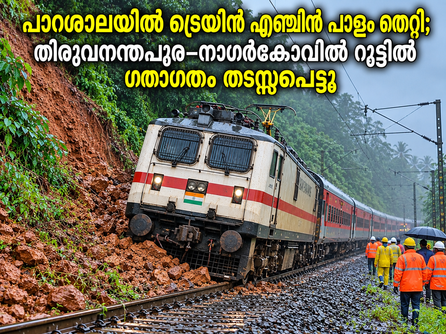 Read more about the article പാറശാലയിൽ ട്രെയിൻ എഞ്ചിൻ പാളം തെറ്റി; തിരുവനന്തപുരം–നാഗർകോവിൽ റൂട്ടിൽ ഗതാഗതം തടസ്സപ്പെട്ടു