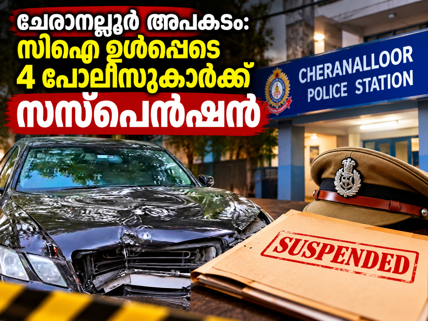 You are currently viewing ചേരാനല്ലൂർ വാഹനാപകടം: സിഐ ഉൾപ്പെടെ നാല് പോലീസുകാർക്ക് സസ്പെൻഷൻ
