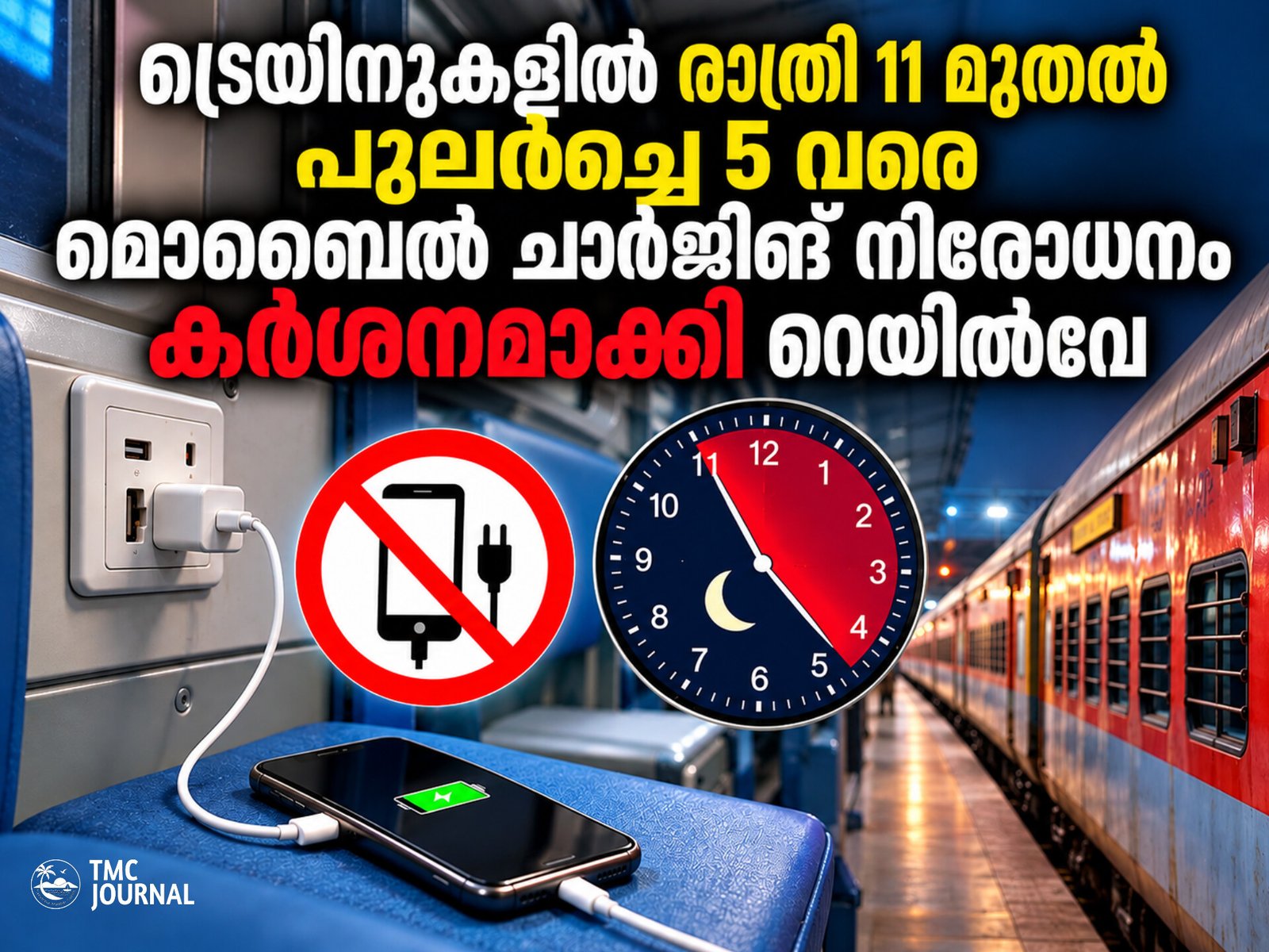 Read more about the article ട്രെയിനുകളിൽ രാത്രി 11 മുതൽ പുലർച്ചെ 5 വരെ മൊബൈൽ ചാർജിങ് നിരോധനം കർശനമാക്കി റെയിൽവേ